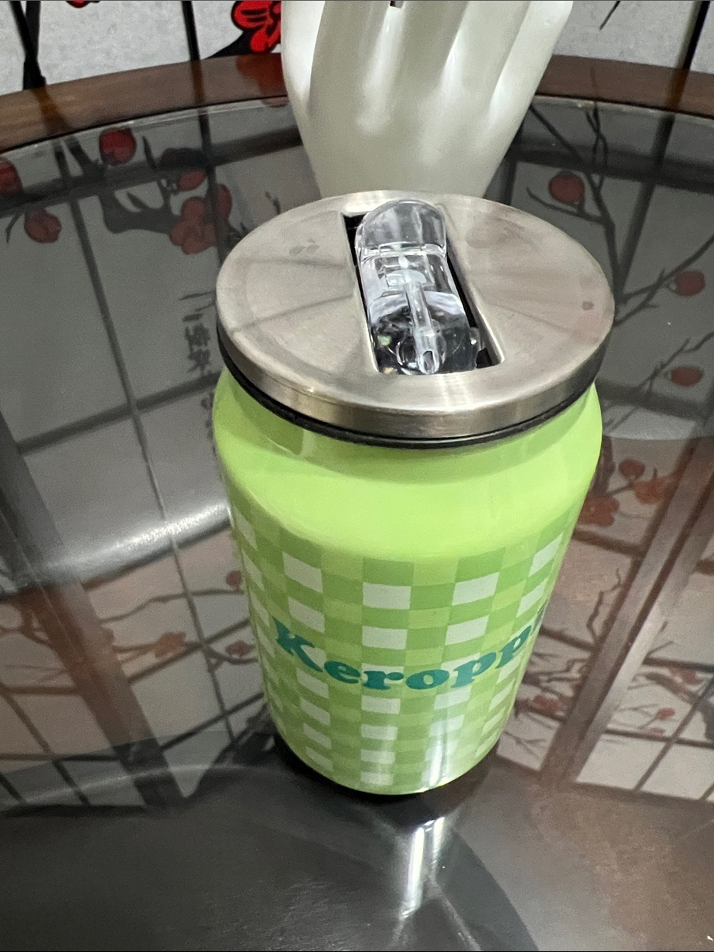 Sanrio Keroppi Gingham Green Frog Plush-Style Can Tumbler - Picture 3 of 6